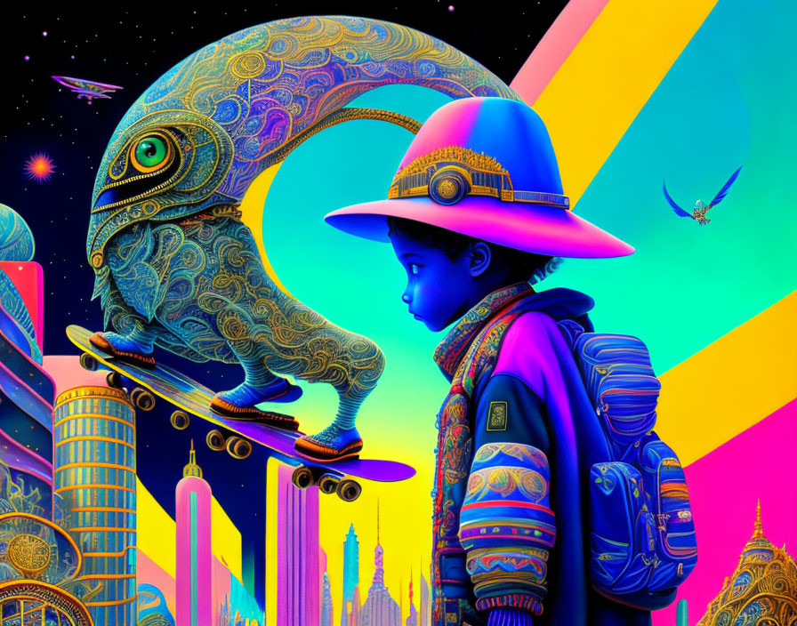 Vibrant cyberpunk artwork: child in hat gazes at mechanical bird in futuristic cityscape