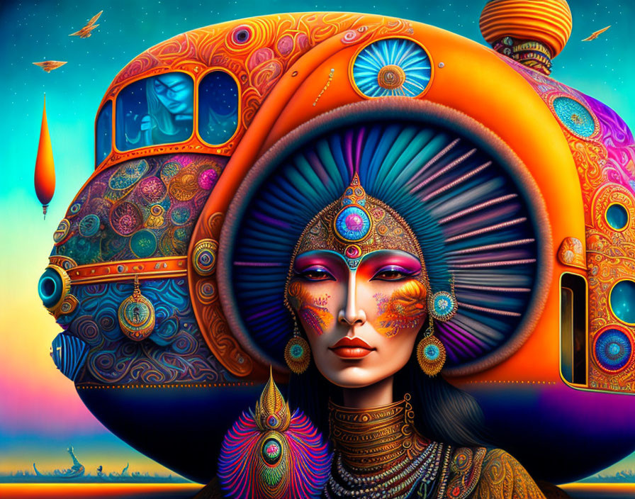 Colorful artwork: Woman with ornate headdress & psychedelic submarine in surreal sunset.