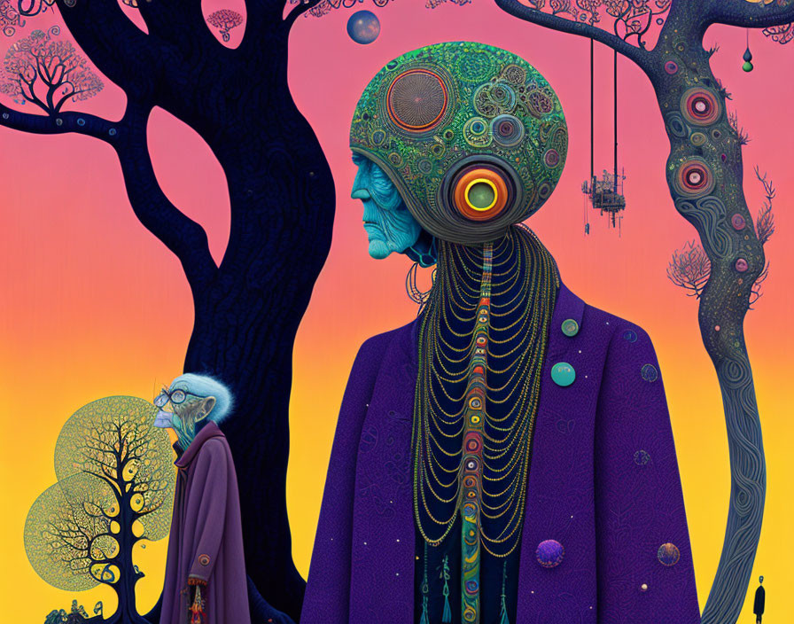 Surreal Artwork: Two Figures with Colorful Patterned Heads and Stylized Trees against