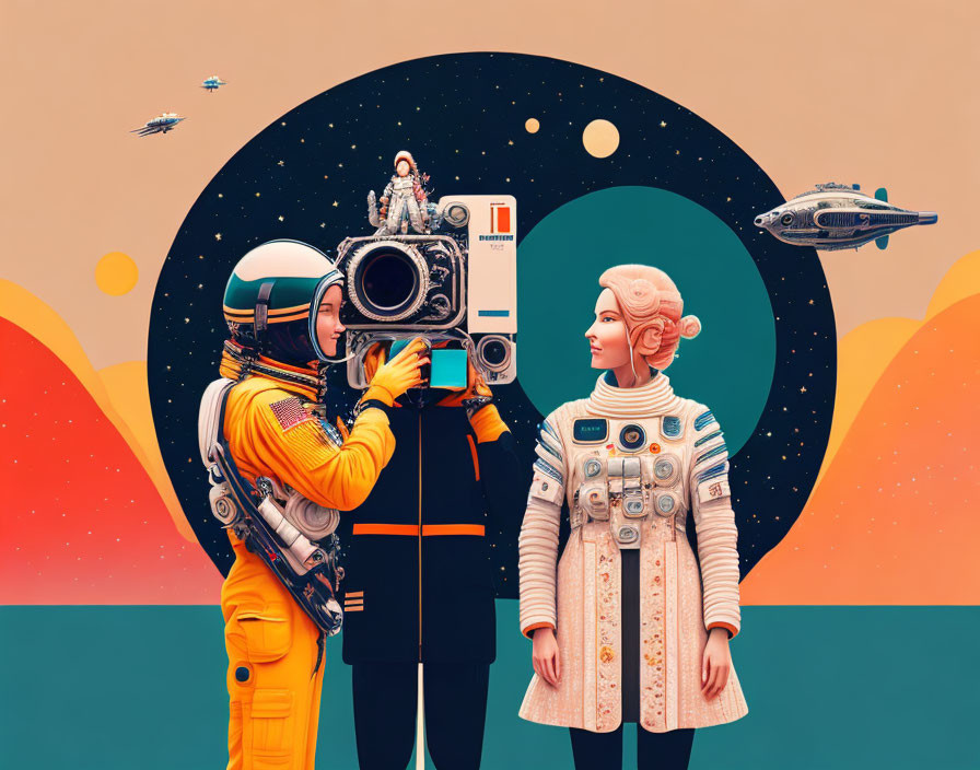 Astronaut in yellow suit photographing person in white space outfit against cosmic backdrop