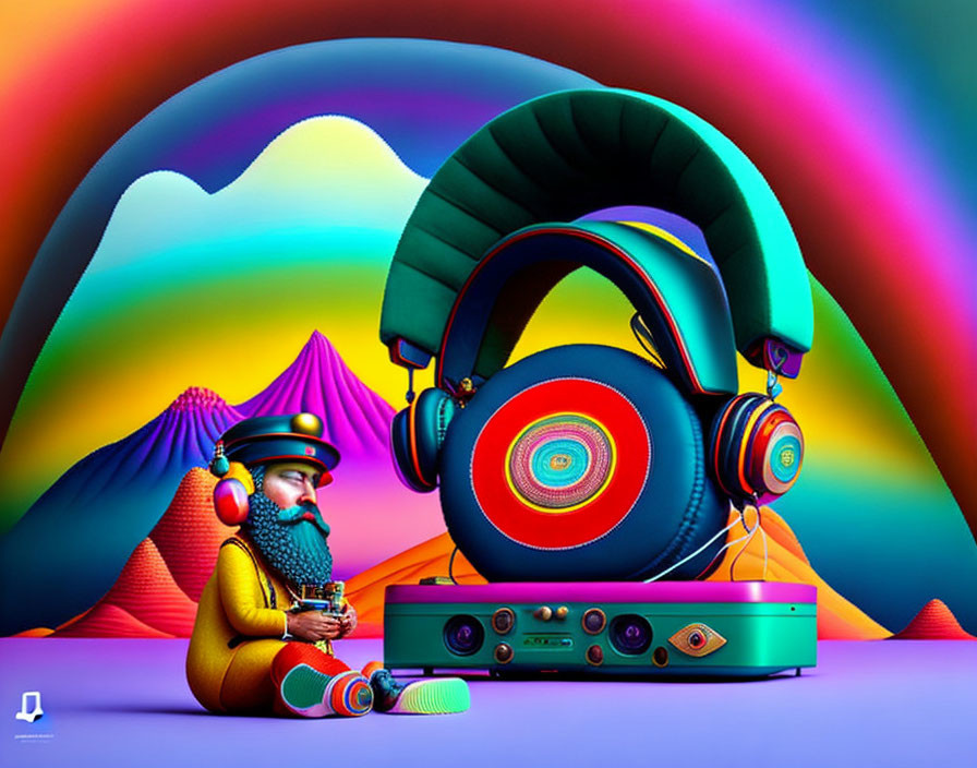 Colorful Psychedelic Illustration of Bearded Man with Headphones