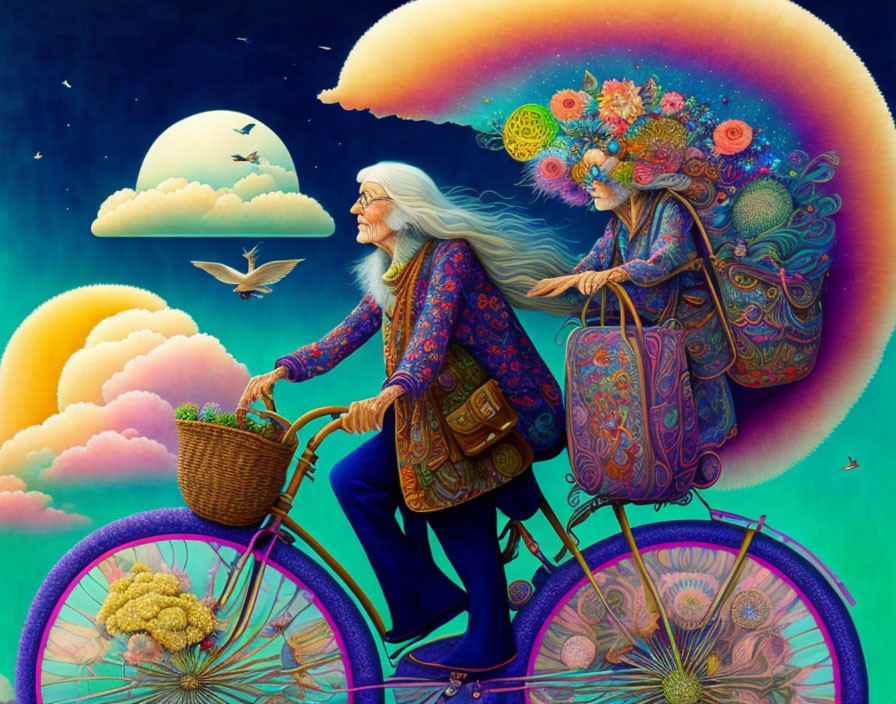 Elderly couple on bicycle surrounded by vibrant flora under crescent moon