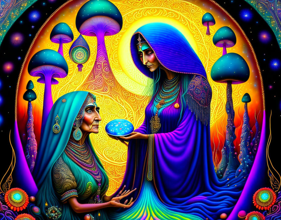 Vibrant psychedelic artwork: Two women in mystical setting