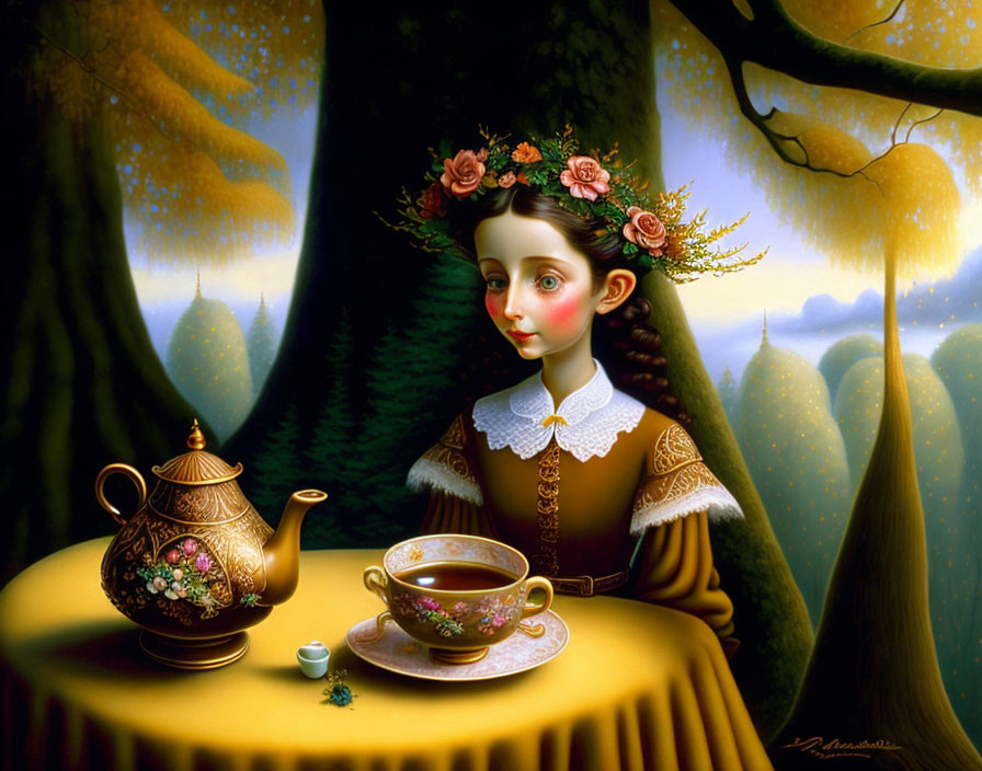 Woman with Flower Crown at Table in Surreal Forest Scene