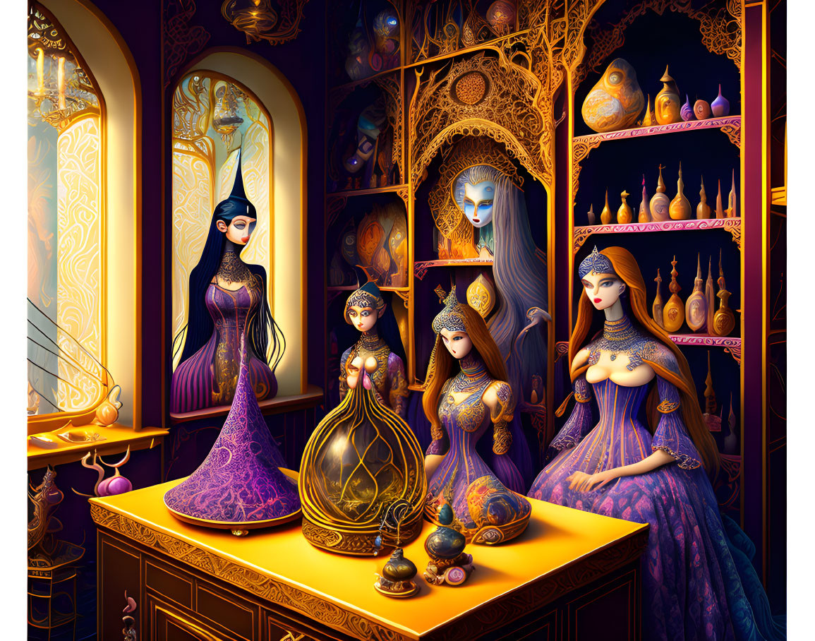 Regal women in vibrant room with magical artifacts