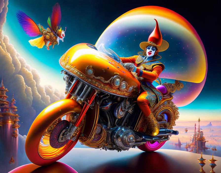 Whimsical clown on retro-futuristic motorcycle in surreal sky