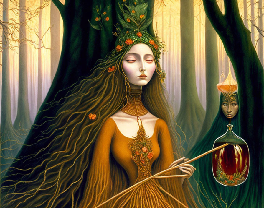 Illustration of woman as tree with leafy headwear and smaller figure holding flask