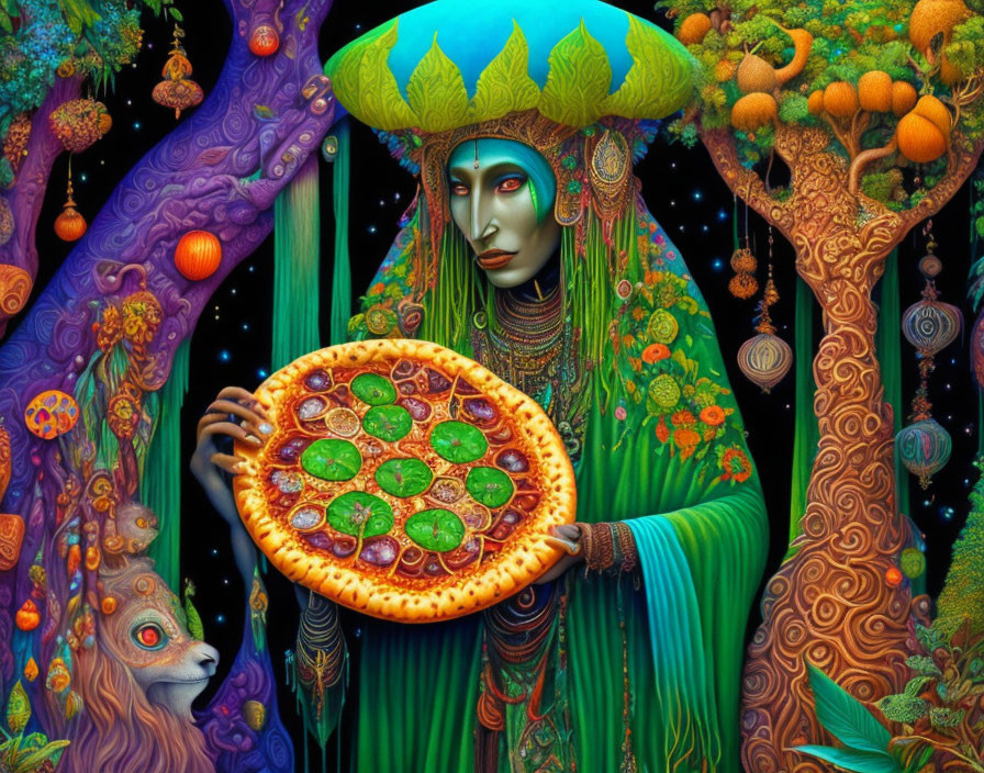 Colorful illustration: Mystical woman with pizza in green robes, surrounded by nature and fantastical creature