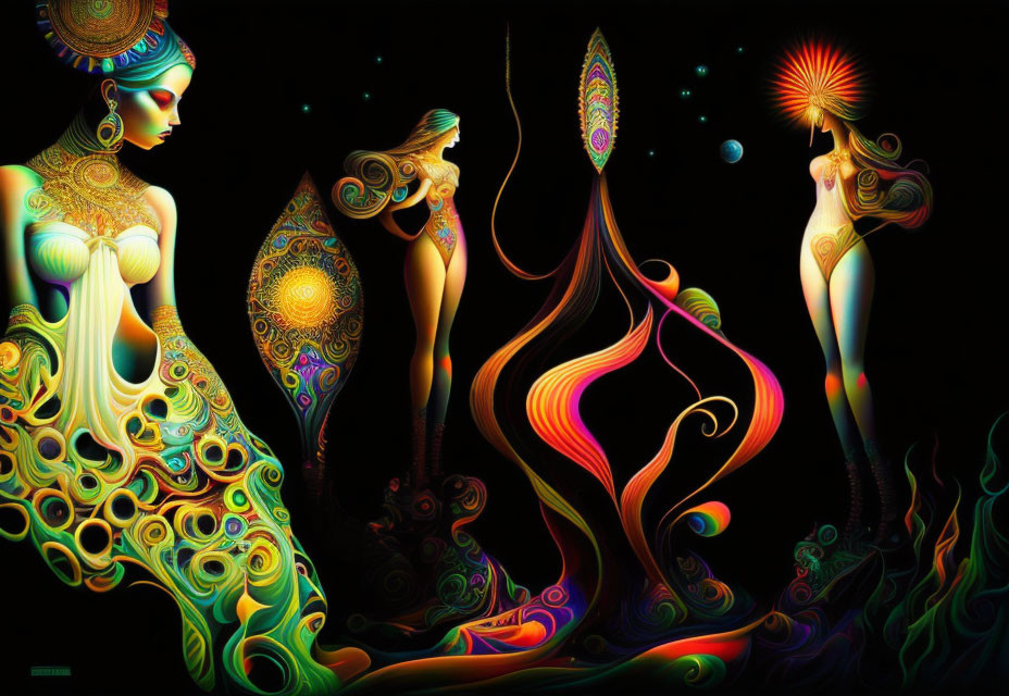 Colorful psychedelic art: Three stylized female figures with intricate patterns on a starry background