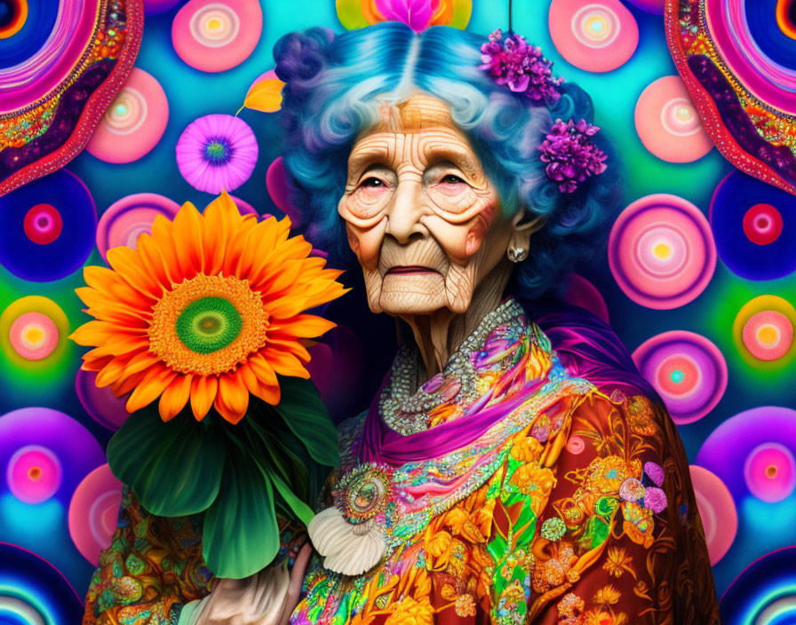 Elderly woman with grey hair holding orange flower against psychedelic background