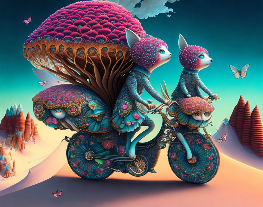 Colorful Tandem Bicycle Artwork with Anthropomorphic Creatures