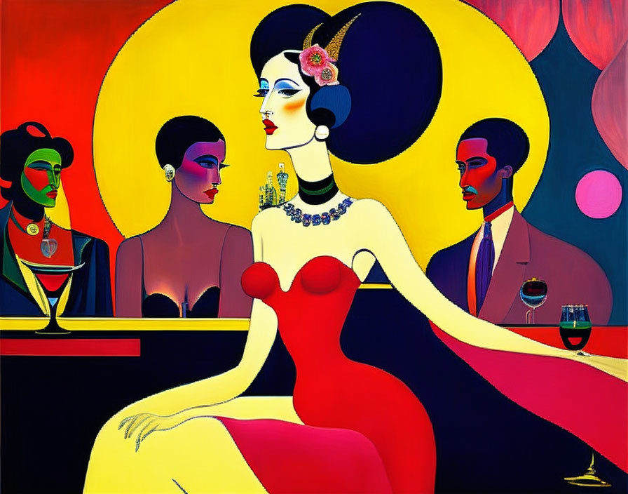 Colorful painting of elegantly dressed figures in a bar setting