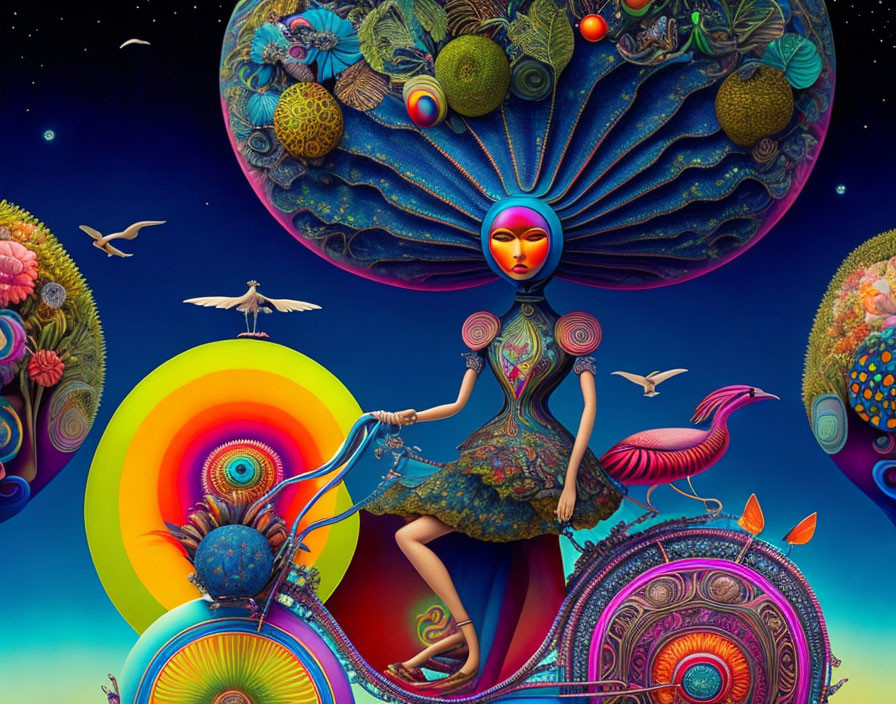 Colorful surreal artwork of feminine figure with elaborate headpiece surrounded by flora and fauna