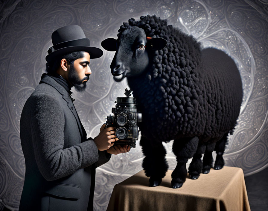 Vintage Attired Man with Classic Camera Standing Next to Sheep with Human Face on Patterned Backdrop