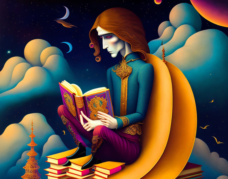 Illustration of person reading on crescent moon in starry sky