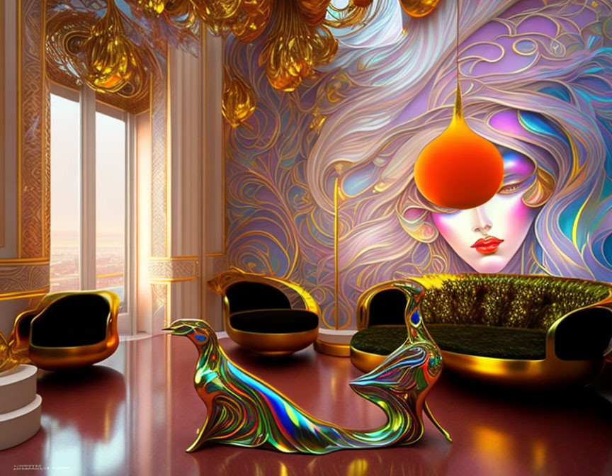 Psychedelic wall art of surreal woman's face in vibrant, stylized interior