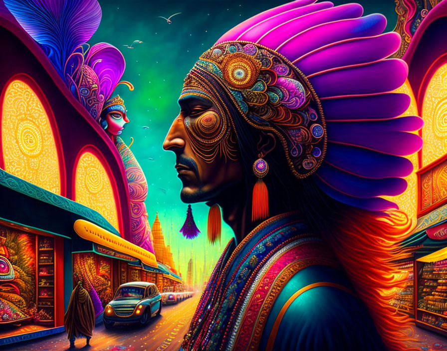 Colorful Indigenous Man Illustration with Psychedelic Background