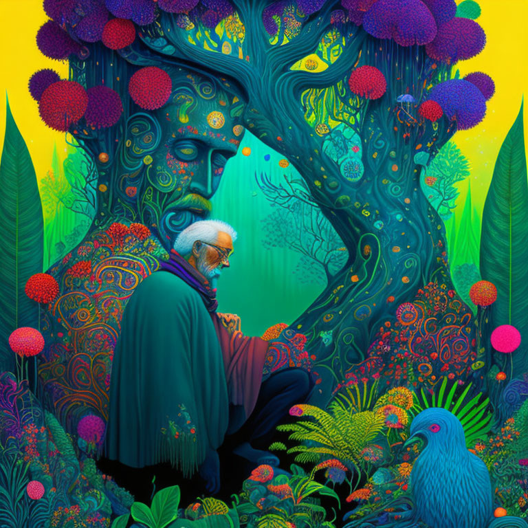 Colorful Illustration of Elderly Man by Mystical Tree