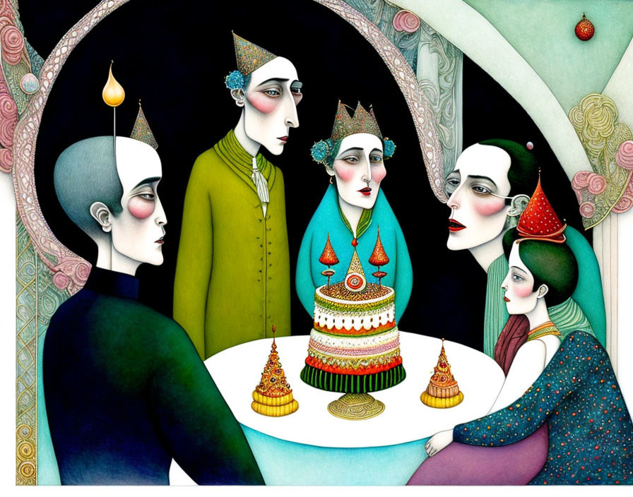 Illustration of five stylized characters with elongated features around a table with tiered cake and orn