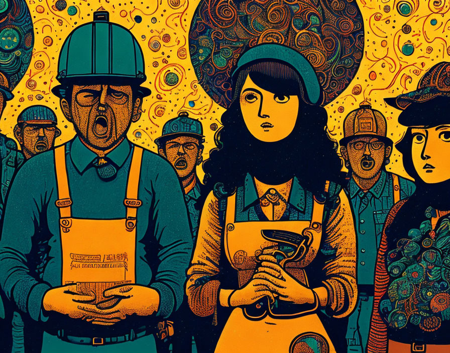 Vintage Style Illustration of Workers with Female Central Character and Psychedelic Background