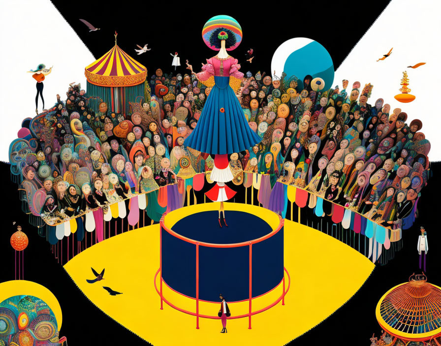 Vibrant circus scene with performer, crowd, colorful décor, whimsical elements.