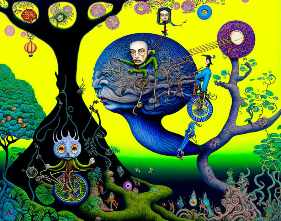 Colorful Psychedelic Illustration with Cyclist, Giant Head, and Fantastical Elements