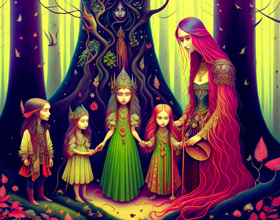 Vibrant mystical forest scene with red-haired woman and children.