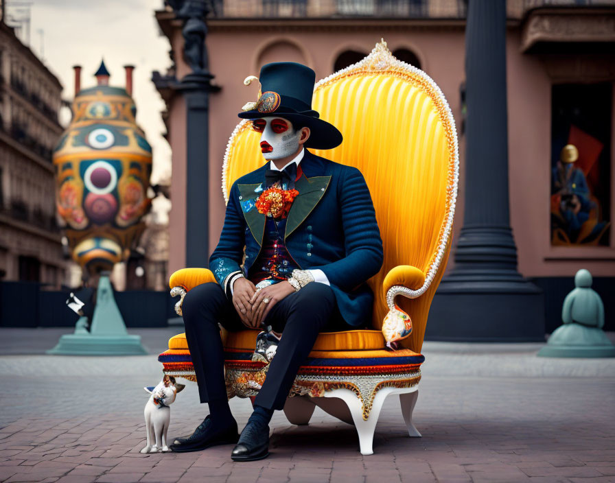 Elaborate Day of the Dead makeup and costume person with cat on vibrant throne.