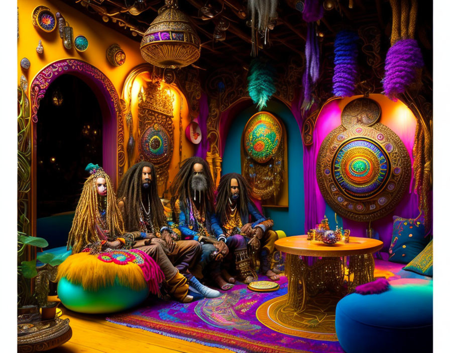 Colorful Bohemian Interior with Four Individuals on Floor Cushions