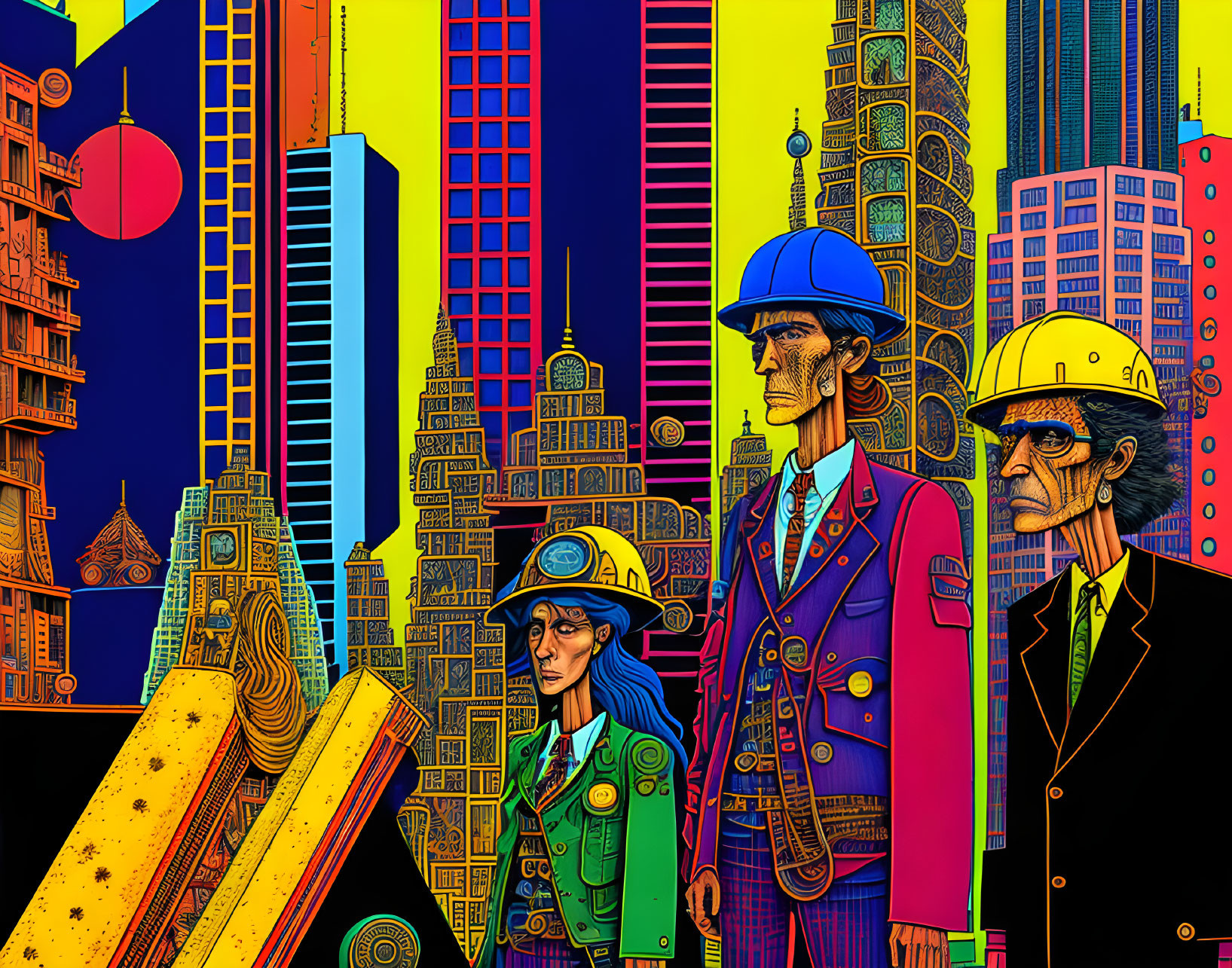 Colorful stylized illustration of three people in unique outfits against intricate cityscape with vibrant geometric patterns