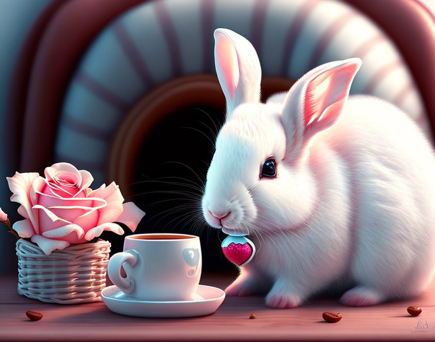 Whimsical white rabbit with tea, rose basket, and strawberry illustration