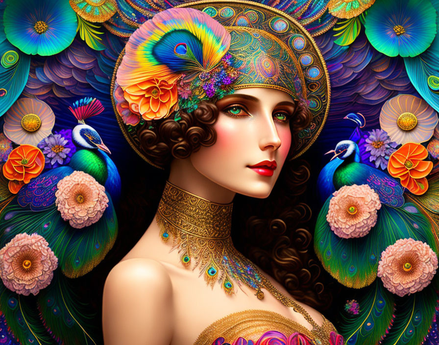 Colorful woman adorned with peacock feathers and flowers in intricate jewelry