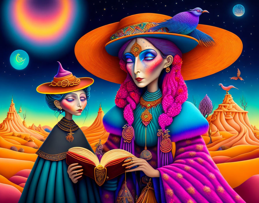 Stylized female figures in vibrant, fantastical landscape