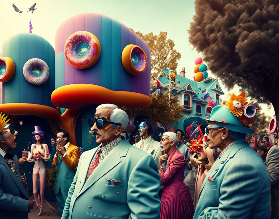 Colorful Gathering with Eccentric Costumes and Surreal Architecture