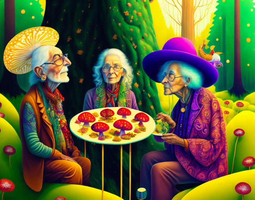 Elderly individuals having tea outdoors with vibrant plants and mushrooms