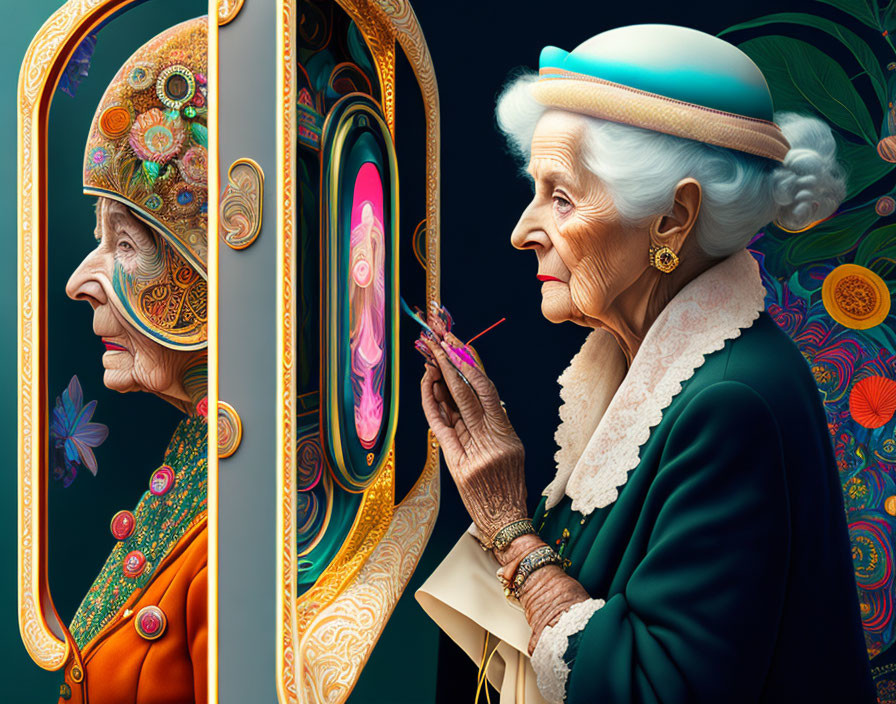 Elderly woman with pearl earring and teal hat contrasts with younger self in mirror.