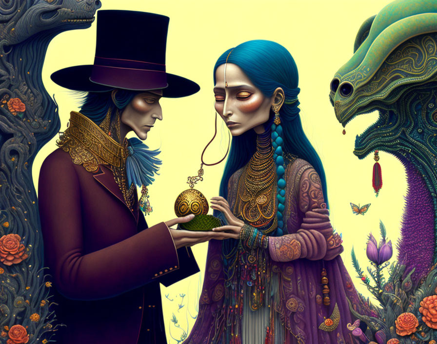 Stylized characters with blue skin exchange golden egg among whimsical creatures