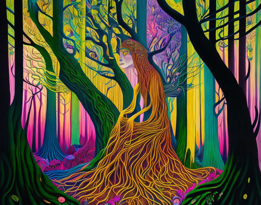 Colorful forest illustration with tree-like woman figure blending into nature.