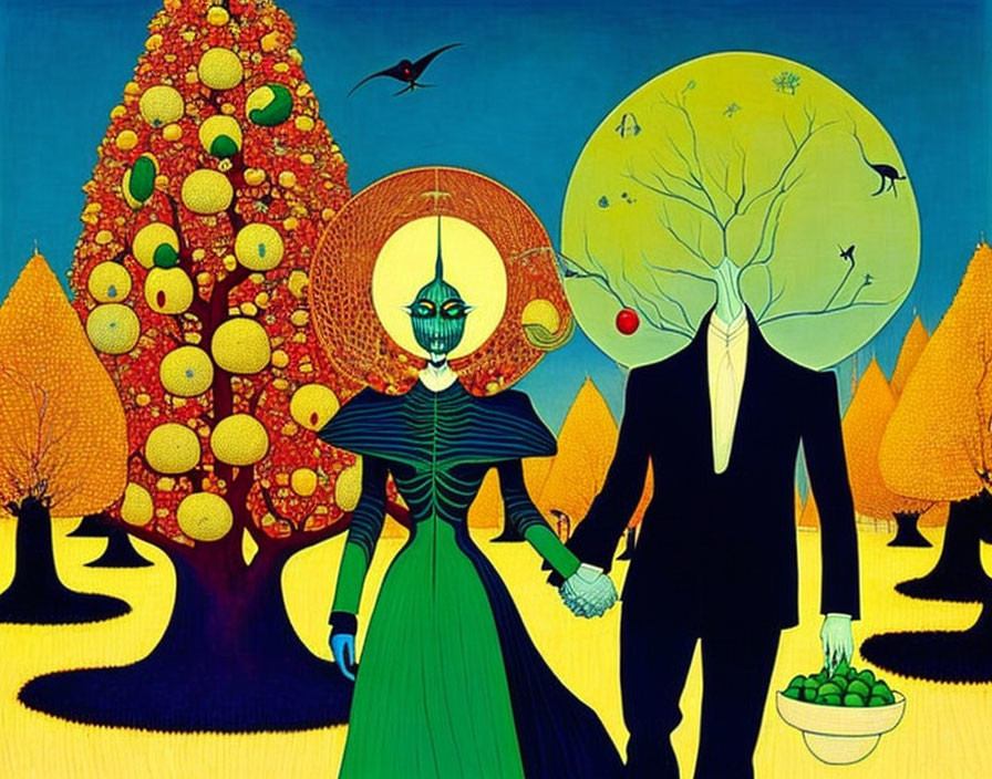 Colorful painting of couple with fruit-tree headpieces in vibrant landscape