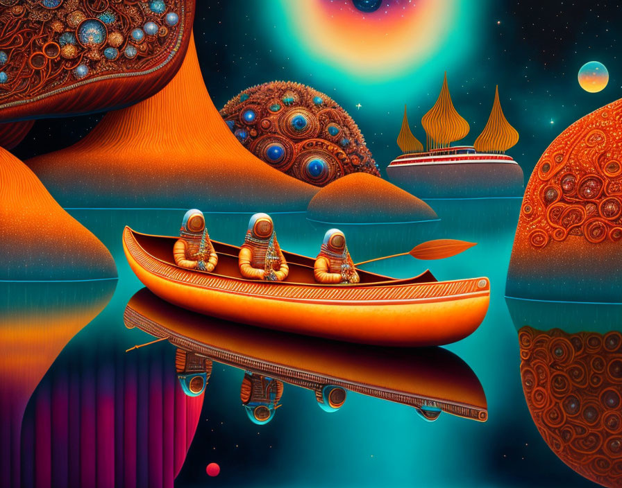 Three individuals row boat on serene water with surreal celestial bodies.