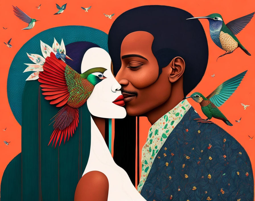 Stylized couple embrace with hummingbirds on orange background