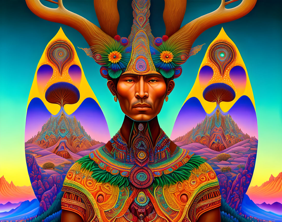 Colorful Surrealist Portrait with Decorated Headdress and Abstract Landscapes