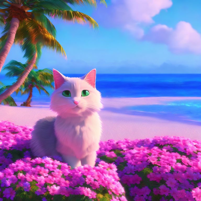 Fluffy white cat in pink flowers by serene beach