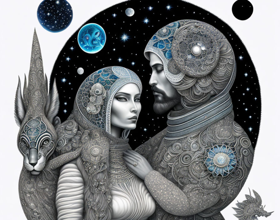 Stylized man and woman embrace in celestial-themed artwork