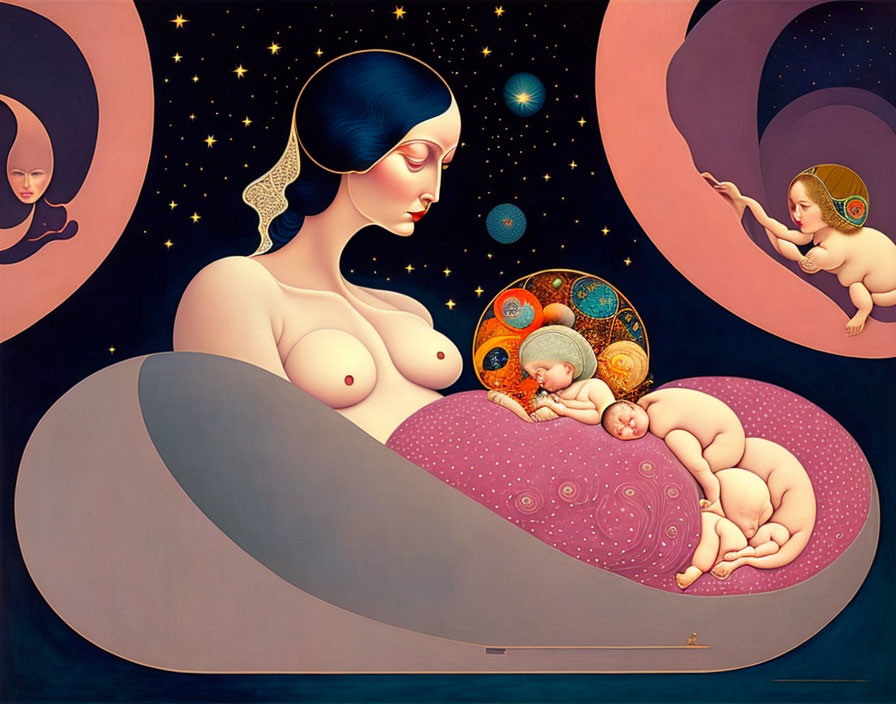 Surreal painting featuring woman, planetary bodies, sleeping infants, and cherubic figures.