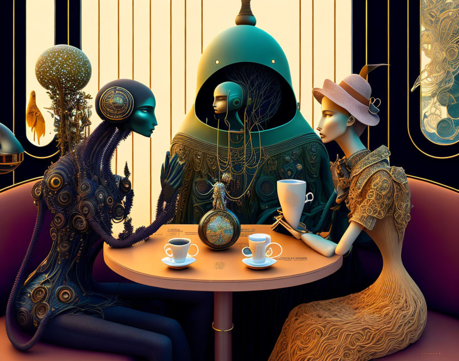 Ornately dressed figures and robot in surreal tea setting