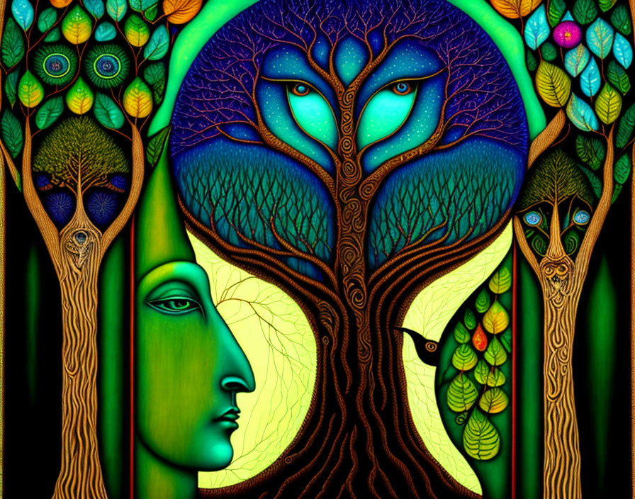 Vibrant surreal illustration: tree branches as peacock tail, merging with human profile