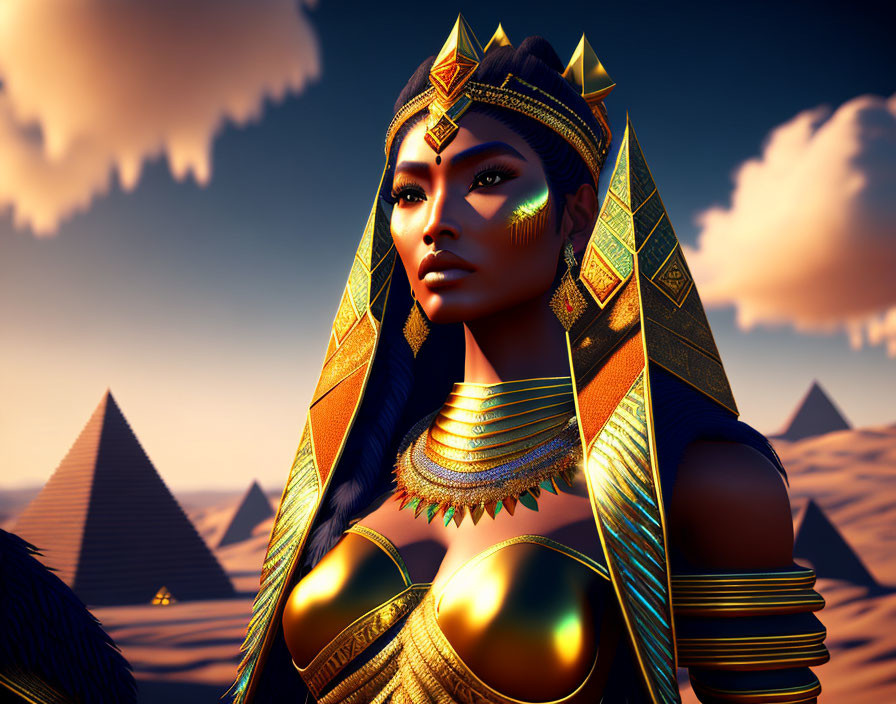 Digital artwork: Regal figure as ancient Egyptian queen with pyramids at dusk