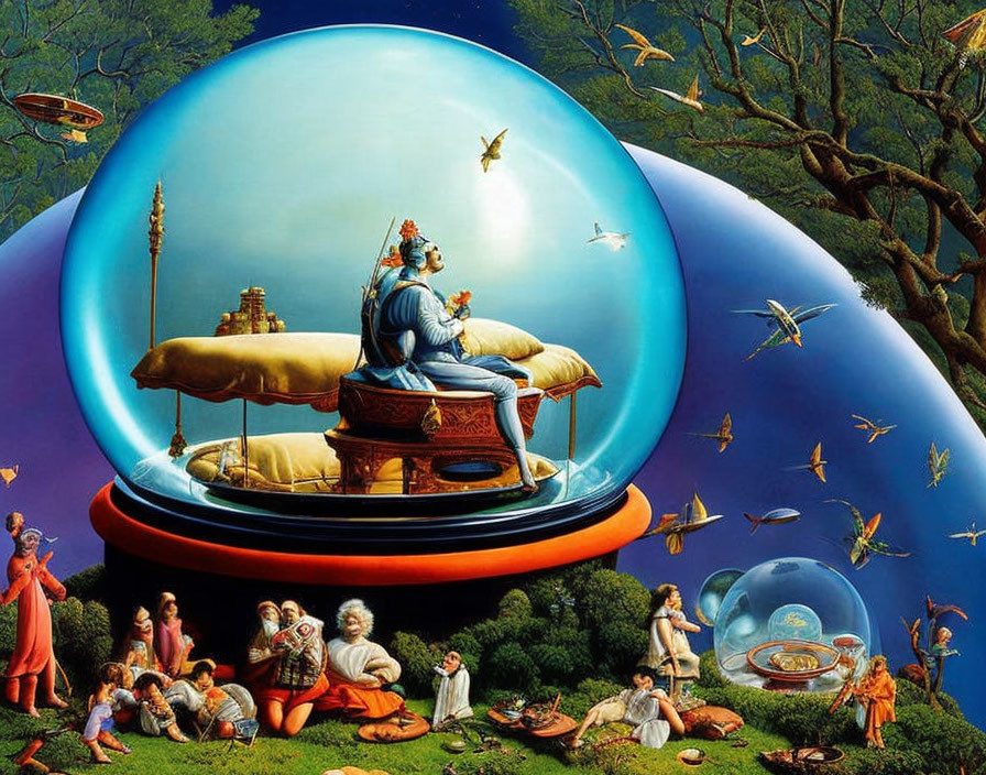 Surreal painting: man in royal attire under dome with birds, people, and fantastical landscape