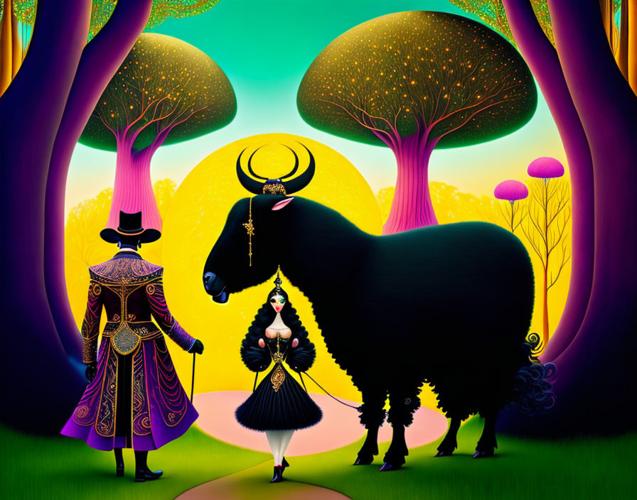 Colorful fantasy illustration: stylized bull and whimsical trees in surreal forest